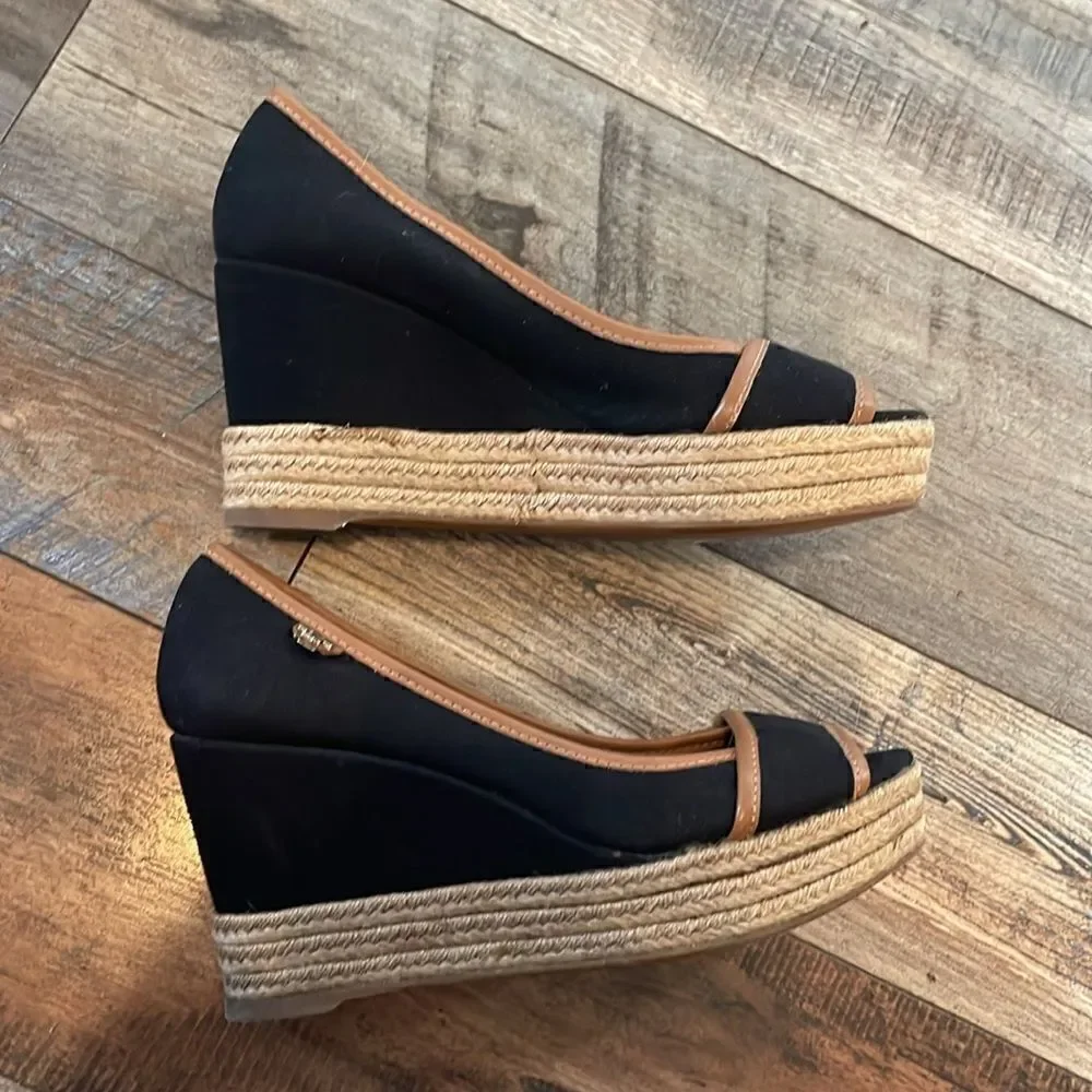Tory Burch Black & Brown Majorca Espadrille Peep Toe Wedge
